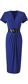 Plain Dress With Belt Length 45 Inches - style: faux wrap/wrap; neckline: v-neck; fit: fitted at waist; pattern: plain; waist detail: belted waist/tie at waist/drawstring; predominant colour: royal blue; occasions: casual, evening; length: on the knee; fibres: polyester/polyamide - stretch; sleeve length: short sleeve; sleeve style: standard; texture group: jersey - stretchy/drapey
