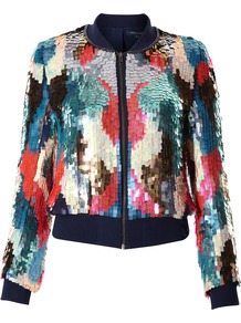 Techno Rain Zip Through Jacket - collar: standard biker; style: bomber; occasions: casual, evening; length: standard; fit: straight cut (boxy); fibres: polyester/polyamide - 100%; predominant colour: multicoloured; sleeve length: long sleeve; sleeve style: standard; texture group: crepes; trends: sporty redux; collar break: high/illusion of break when open; pattern type: fabric; pattern size: big & busy; pattern: patterned/print; embellishment: sequins
