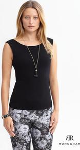 Br Monogram - neckline: round neck; pattern: plain; sleeve style: sleeveless; waist detail: fitted waist; back detail: cowl/draping/scoop at back; hip detail: fitted at hip; predominant colour: black; occasions: evening, work, occasion, holiday; length: standard; style: top; fibres: polyester/polyamide - mix; fit: tailored/fitted; sleeve length: sleeveless; pattern type: fabric; texture group: jersey - stretchy/drapey