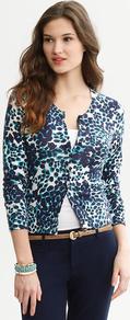 Lynda Animal Print Cardigan - neckline: round neck; secondary colour: navy; predominant colour: teal; occasions: casual, work; length: standard; style: standard; fibres: cotton - 100%; fit: slim fit; sleeve length: 3/4 length; sleeve style: standard; texture group: cotton feel fabrics; pattern type: fabric; pattern size: small & busy; pattern: animal print