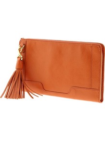 Evan Clutch Wallet - predominant colour: bright orange; occasions: casual, evening, occasion; type of pattern: standard; style: clutch; length: hand carry; size: small; material: leather; embellishment: tassels; pattern: plain; finish: plain