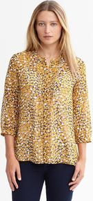 Tessa Printed Blouse - style: blouse; bust detail: ruching/gathering/draping/layers/pintuck pleats at bust; predominant colour: mustard; occasions: casual; length: standard; neckline: mandarin with v-neck; fibres: polyester/polyamide - 100%; fit: loose; sleeve length: 3/4 length; sleeve style: standard; texture group: sheer fabrics/chiffon/organza etc.; pattern type: fabric; pattern size: small & busy; pattern: patterned/print
