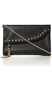 Etassle Stud And Tassel Fold Over Clutch Bag - predominant colour: black; occasions: evening, occasion; type of pattern: standard; style: clutch; length: hand carry; size: small; material: faux leather; embellishment: studs; pattern: plain; finish: plain