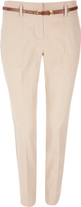 Petite Stone Belted Trouser - length: standard; pattern: plain; style: peg leg; waist detail: belted waist/tie at waist/drawstring; waist: mid/regular rise; predominant colour: stone; occasions: casual, work, occasion; fibres: cotton - stretch; hip detail: front pleats at hip level; texture group: cotton feel fabrics; trends: glamorous day shifts; fit: tapered; pattern type: fabric
