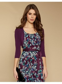 Sara Shrug - pattern: plain; style: bolero/shrug; length: cropped; neckline: collarless open; predominant colour: purple; occasions: evening, work, occasion; fit: slim fit; sleeve length: 3/4 length; sleeve style: standard; texture group: knits/crochet; pattern type: knitted - other; fibres: viscose/rayon - mix