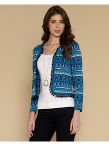 Harriet Pom Pom Jacket - pattern: horizontal stripes; collar: round collar/collarless; style: boxy; predominant colour: diva blue; secondary colour: turquoise; occasions: casual, evening, work; length: standard; fit: straight cut (boxy); fibres: cotton - 100%; sleeve length: long sleeve; sleeve style: standard; collar break: low/open; pattern type: fabric; pattern size: small & busy; texture group: woven light midweight; embellishment: embroidered