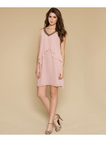 Tula - neckline: v-neck; fit: loose; pattern: plain; sleeve style: sleeveless; bust detail: added detail/embellishment at bust; predominant colour: blush; occasions: evening, occasion; length: just above the knee; fibres: polyester/polyamide - mix; style: grecian; waist detail: ruffles at waist; shoulder detail: added shoulder detail; sleeve length: sleeveless; texture group: sheer fabrics/chiffon/organza etc.; pattern type: fabric; pattern size: standard; embellishment: sequins