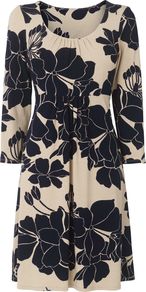 Women's Clara Print Dress, Multi Coloured - style: smock; length: mid thigh; fit: empire; secondary colour: navy; predominant colour: stone; occasions: casual; neckline: scoop; fibres: viscose/rayon - stretch; sleeve length: 3/4 length; sleeve style: standard; pattern type: fabric; pattern size: big & busy; pattern: florals; texture group: jersey - stretchy/drapey