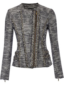 Women's Tweed Motorcycle Jacket With Chain Detail, Navy - style: biker; collar: asymmetric biker; pattern: herringbone/tweed; predominant colour: mid grey; occasions: casual, evening; length: standard; fit: tailored/fitted; fibres: cotton - mix; sleeve length: long sleeve; sleeve style: standard; collar break: high/illusion of break when open; pattern type: fabric; pattern size: standard; texture group: tweed - light/midweight