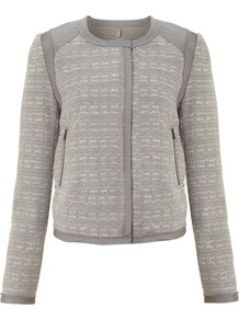 Women's Day Boost Blazer, Grey - collar: round collar/collarless; style: boxy; shoulder detail: contrast pattern/fabric at shoulder; pattern: herringbone/tweed; predominant colour: mid grey; occasions: casual, work; length: standard; fit: straight cut (boxy); fibres: polyester/polyamide - 100%; sleeve length: long sleeve; sleeve style: standard; collar break: high; pattern type: fabric; pattern size: standard; texture group: tweed - light/midweight