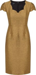 Women's Agnes Dress, Gold - style: shift; sleeve style: capped; fit: tailored/fitted; pattern: plain; neckline: sweetheart; predominant colour: gold; occasions: evening, occasion; length: just above the knee; fibres: polyester/polyamide - mix; sleeve length: short sleeve; texture group: structured shiny - satin/tafetta/silk etc.; trends: metallics; pattern type: fabric