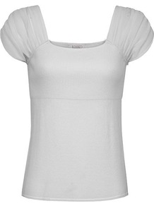 Women's Chiffon Knitted Vest, Ivory - sleeve style: capped; pattern: plain; waist detail: fitted waist; back detail: low cut/open back; predominant colour: ivory; occasions: evening, work, holiday; length: standard; style: top; fit: body skimming; bust detail: contrast pattern/fabric/detail at bust; shoulder detail: flat/draping pleats/ruching/gathering at shoulder; sleeve length: short sleeve; texture group: knits/crochet; neckline: low square neck; pattern type: knitted - fine stitch; fibres: viscose/rayon - mix