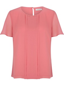 Women's Rose Chiffon Blouse, Dark Pink - neckline: round neck; pattern: plain; style: blouse; predominant colour: pink; occasions: casual, evening, work; length: standard; fibres: polyester/polyamide - 100%; fit: straight cut; back detail: keyhole/peephole detail at back; sleeve length: short sleeve; sleeve style: standard; texture group: sheer fabrics/chiffon/organza etc.; bust detail: tiers/frills/bulky drapes/pleats; pattern type: fabric