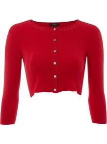 Women's Agnes Cardigan, Ruby - neckline: round neck; pattern: plain; style: bolero/shrug; length: cropped; predominant colour: true red; occasions: casual, evening, work, occasion; fibres: polyester/polyamide - stretch; fit: slim fit; sleeve length: 3/4 length; sleeve style: standard; texture group: knits/crochet; pattern type: knitted - fine stitch