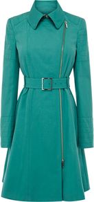 Women's Colourful Posh Cotton Coat, Aqua - pattern: plain; style: trench coat; length: on the knee; predominant colour: turquoise; occasions: casual, evening, work; fit: tailored/fitted; fibres: cotton - 100%; collar: shirt collar/peter pan/zip with opening; waist detail: belted waist/tie at waist/drawstring; sleeve length: long sleeve; sleeve style: standard; collar break: high; pattern type: fabric; pattern size: standard; texture group: other - light to midweight