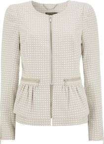 Women's Spot Peplum Jacket, Stone - style: single breasted blazer; collar: round collar/collarless; pattern: polka dot; predominant colour: ivory; secondary colour: ivory; occasions: casual, evening, work; length: standard; fit: tailored/fitted; fibres: polyester/polyamide - mix; waist detail: peplum detail at waist; sleeve length: long sleeve; sleeve style: standard; collar break: high; pattern type: fabric; pattern size: standard; texture group: woven light midweight