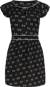 Black Bow Print Tunic - sleeve style: capped; length: below the bottom; style: tunic; secondary colour: white; predominant colour: black; occasions: casual, evening, holiday; neckline: peep hole neckline; fibres: polyester/polyamide - 100%; fit: body skimming; waist detail: narrow waistband; sleeve length: short sleeve; pattern type: fabric; pattern size: small & light; pattern: patterned/print; texture group: jersey - stretchy/drapey