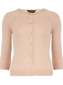 Blush Pointelle Cardigan - neckline: round neck; bust detail: buttons at bust (in middle at breastbone)/zip detail at bust; predominant colour: blush; occasions: casual, work; length: standard; style: standard; fibres: cotton - mix; fit: slim fit; sleeve length: 3/4 length; sleeve style: standard; texture group: knits/crochet; pattern type: knitted - fine stitch