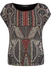 Black Aztec Tee With Studs - sleeve style: capped; style: t-shirt; predominant colour: terracotta; secondary colour: charcoal; occasions: casual, work; length: standard; neckline: scoop; fibres: viscose/rayon - 100%; fit: body skimming; sleeve length: short sleeve; trends: statement prints; pattern type: fabric; pattern size: big & busy; pattern: patterned/print; texture group: jersey - stretchy/drapey