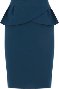 Teal Peplum Skirt - pattern: plain; style: pencil; fit: tailored/fitted; waist detail: fitted waist, peplum waist detail; waist: high rise; hip detail: fitted at hip, ruffles/tiers/tie detail at hip; predominant colour: teal; occasions: evening, work, occasion; length: on the knee; fibres: polyester/polyamide - 100%; texture group: crepes; trends: sculptural frills; pattern type: fabric