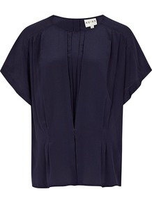 Penny Tuck Front Button Back Top - sleeve style: dolman/batwing; pattern: plain; bust detail: ruching/gathering/draping/layers/pintuck pleats at bust; predominant colour: navy; occasions: casual, evening, work; length: standard; style: top; fibres: silk - 100%; fit: straight cut; neckline: crew; shoulder detail: flat/draping pleats/ruching/gathering at shoulder; sleeve length: short sleeve; texture group: silky - light; pattern type: fabric