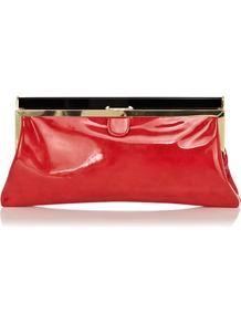Coral Patent Frame Clutch - predominant colour: true red; occasions: evening, occasion; type of pattern: standard; style: clutch; length: hand carry; size: small; material: faux leather; pattern: plain; finish: patent