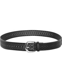 Black Daisy Jeans Belt - predominant colour: black; type of pattern: small; style: classic; size: standard; worn on: hips; material: faux leather; pattern: abstract, patterned/print