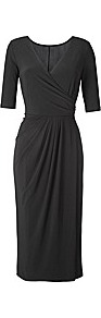 Plain Mock Wrap Dress 45 Inches - style: faux wrap/wrap; neckline: low v-neck; pattern: plain; waist detail: fitted waist; bust detail: ruching/gathering/draping/layers/pintuck pleats at bust; predominant colour: black; occasions: evening, work, occasion; length: on the knee; fit: fitted at waist & bust; fibres: polyester/polyamide - stretch; hip detail: soft pleats at hip/draping at hip/flared at hip; shoulder detail: flat/draping pleats/ruching/gathering at shoulder; sleeve length: half sleeve; sleeve style: standard; trends: glamorous day shifts; pattern type: fabric; texture group: jersey - stretchy/drapey