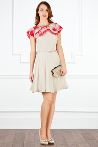 Mycah Dress - sleeve style: capped; pattern: plain; waist detail: belted waist/tie at waist/drawstring; predominant colour: stone; occasions: evening, occasion; length: just above the knee; fit: fitted at waist & bust; style: fit & flare; fibres: polyester/polyamide - 100%; neckline: crew; shoulder detail: added shoulder detail; sleeve length: short sleeve; texture group: silky - light; pattern type: fabric; pattern size: light/subtle