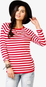 Striped Raglan Sleeve Pullover - sleeve style: extended cuff; pattern: horizontal stripes; style: standard; secondary colour: white; predominant colour: true red; occasions: casual; length: standard; fibres: cotton - 100%; fit: standard fit; neckline: crew; sleeve length: extra long; texture group: knits/crochet; pattern type: knitted - fine stitch; pattern size: standard