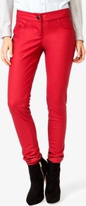Low Rise Faux Leather Pants - length: standard; pattern: plain; waist: low rise; pocket detail: traditional 5 pocket; predominant colour: true red; occasions: casual, evening; fibres: polyester/polyamide - 100%; texture group: leather; fit: slim leg; pattern type: fabric; style: standard