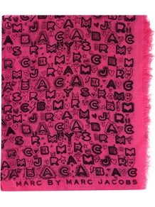 867 Dreamy Grafitti Ultra Pink Scarf - predominant colour: hot pink; secondary colour: black; occasions: casual; type of pattern: standard; style: square; size: standard; material: fabric; pattern: patterned/print