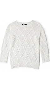 Cable Knit 3/4 Sleeve Jumper - neckline: round neck; pattern: checked/gingham, cable knit; style: standard; predominant colour: ivory; occasions: casual, work; length: standard; fibres: cotton - mix; fit: standard fit; sleeve length: 3/4 length; sleeve style: standard; texture group: knits/crochet; pattern type: knitted - other; pattern size: standard