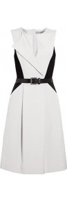 Faretra Belted Dress - style: shift; neckline: shirt collar/peter pan/zip with opening; fit: tailored/fitted; sleeve style: sleeveless; waist detail: belted waist/tie at waist/drawstring; predominant colour: light grey; secondary colour: black; occasions: work, occasion; length: just above the knee; fibres: polyester/polyamide - stretch; sleeve length: sleeveless; texture group: cotton feel fabrics; pattern: colourblock
