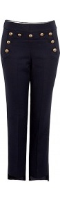 Dieppe Cotton Cropped Trousers - pattern: plain; pocket detail: small back pockets; waist detail: embellishment at waist/feature waistband; waist: mid/regular rise; predominant colour: navy; secondary colour: gold; occasions: casual, evening, work, holiday; length: calf length; fibres: cotton - stretch; hip detail: added detail/embellishment at hip; texture group: cotton feel fabrics; fit: slim leg; pattern type: fabric; style: standard; embellishment: chain/metal