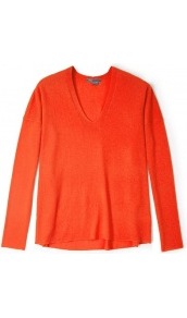 Coral Cashmere V Neck Long Sleeve Jumper - neckline: v-neck; style: standard; predominant colour: coral; occasions: casual, work; length: standard; fibres: wool - 100%; fit: loose; hip detail: dip hem; back detail: longer hem at back than at front; sleeve length: long sleeve; sleeve style: standard; texture group: knits/crochet; trends: fluorescent; pattern type: knitted - other; pattern size: standard