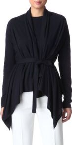 Pineta Cardigan - style: belted; neckline: waterfall neck; bust detail: ruching/gathering/draping/layers/pintuck pleats at bust; predominant colour: navy; occasions: casual, evening, work; length: standard; fibres: silk - mix; fit: loose; hip detail: dip hem, ruching/gathering at hip; waist detail: belted waist/tie at waist/drawstring; sleeve length: long sleeve; sleeve style: standard; texture group: knits/crochet; pattern type: knitted - fine stitch; pattern size: standard