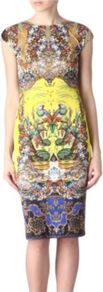 Citronelle Dress - style: shift; neckline: slash/boat neckline; sleeve style: capped; fit: tailored/fitted; waist detail: fitted waist; hip detail: fitted at hip; predominant colour: yellow; occasions: evening, occasion; length: on the knee; fibres: polyester/polyamide - 100%; sleeve length: sleeveless; texture group: crepes; trends: statement prints; pattern type: fabric; pattern size: big & busy; pattern: patterned/print