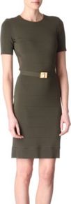 Mesh Panelled Dress - fit: tight; pattern: plain; style: bodycon; waist detail: fitted waist, belted waist/tie at waist/drawstring; back detail: contrast pattern/fabric at back, sheer fabric at back; predominant colour: dark green; occasions: casual, evening, work; length: just above the knee; fibres: cotton - mix; neckline: crew; sleeve length: short sleeve; sleeve style: standard; texture group: jersey - clingy; pattern type: fabric