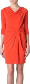 Cowl Twist Dress - style: shift; neckline: cowl/draped neck; pattern: plain; waist detail: twist front waist detail/nipped in at waist on one side/soft pleats/draping/ruching/gathering waist detail; bust detail: ruching/gathering/draping/layers/pintuck pleats at bust; predominant colour: bright orange; occasions: casual, evening, work, occasion; length: just above the knee; fit: body skimming; fibres: polyester/polyamide - stretch; hip detail: soft pleats at hip/draping at hip/flared at hip; sleeve length: 3/4 length; sleeve style: standard; trends: glamorous day shifts; pattern type: fabric; pattern size: standard; texture group: jersey - stretchy/drapey