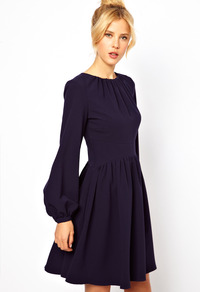 Skater Dress With Blouson Sleeve - length: mid thigh; fit: fitted at waist; pattern: plain; sleeve style: balloon; predominant colour: navy; occasions: casual, evening; style: fit & flare; fibres: polyester/polyamide - stretch; neckline: crew; sleeve length: long sleeve; texture group: crepes; pattern type: fabric