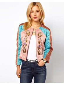 Jacket With Embroidery - pattern: plain; collar: round collar/collarless; style: boxy; occasions: casual, evening; length: standard; fit: straight cut (boxy); fibres: polyester/polyamide - 100%; bust detail: contrast pattern/fabric/detail at bust; predominant colour: multicoloured; sleeve length: long sleeve; sleeve style: standard; texture group: structured shiny - satin/tafetta/silk etc.; collar break: high; pattern type: fabric; pattern size: small & light; embellishment: embroidered