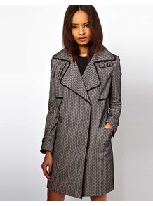 Bonded Lace Mac - style: mac; hip detail: front pockets at hip; collar: standard lapel/rever collar; length: mid thigh; predominant colour: black; occasions: casual, evening, work; fit: straight cut (boxy); fibres: polyester/polyamide - 100%; bust detail: contrast pattern/fabric/detail at bust; shoulder detail: added shoulder detail; back detail: back vent/flap at back; sleeve length: long sleeve; sleeve style: standard; texture group: lace; trends: modern geometrics; collar break: medium; pattern type: fabric; pattern size: standard; pattern: patterned/print