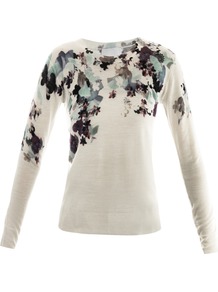 Floral Printed Sweater - style: standard; shoulder detail: contrast pattern/fabric at shoulder; predominant colour: ivory; occasions: casual; length: standard; fibres: wool - 100%; fit: standard fit; neckline: crew; bust detail: contrast pattern/fabric/detail at bust; sleeve length: long sleeve; sleeve style: standard; trends: high impact florals; pattern type: knitted - fine stitch; pattern size: standard; pattern: florals; texture group: jersey - stretchy/drapey