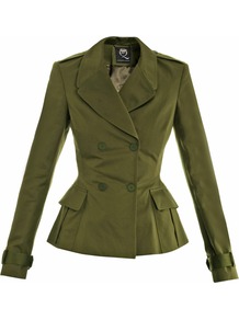 Double Breasted Jacket - pattern: plain; style: double breasted military jacket; fit: slim fit; collar: standard lapel/rever collar; predominant colour: khaki; occasions: casual, work; length: standard; fibres: cotton - 100%; waist detail: peplum detail at waist; shoulder detail: discreet epaulette; back detail: back vent/flap at back; sleeve length: long sleeve; sleeve style: standard; collar break: medium; pattern type: fabric; pattern size: standard; texture group: other - light to midweight