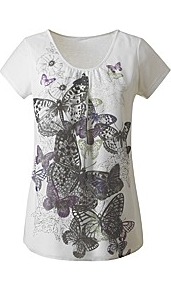 Print Jersey Top - neckline: round neck; style: t-shirt; predominant colour: ivory; secondary colour: black; occasions: casual; length: standard; fibres: polyester/polyamide - stretch; fit: body skimming; sleeve length: short sleeve; sleeve style: standard; pattern type: fabric; pattern: patterned/print; texture group: jersey - stretchy/drapey