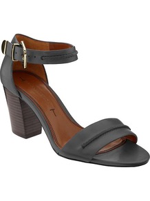 Peyton High Heel Sandal - predominant colour: black; occasions: casual, work, holiday; material: leather; heel height: mid; ankle detail: ankle strap; heel: block; toe: open toe/peeptoe; style: standard; finish: plain; pattern: plain