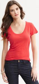 Shadow Stripe Tee - style: t-shirt; pattern: pinstripe; predominant colour: true red; occasions: casual, holiday; length: standard; neckline: scoop; fibres: linen - mix; fit: body skimming; sleeve length: short sleeve; sleeve style: standard; texture group: cotton feel fabrics; pattern type: fabric; pattern size: standard