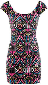 Dress - length: mid thigh; sleeve style: capped; style: bodycon; waist detail: fitted waist; back detail: low cut/open back; hip detail: fitted at hip; predominant colour: pink; occasions: casual, evening; fit: body skimming; neckline: scoop; fibres: cotton - stretch; sleeve length: short sleeve; texture group: jersey - clingy; trends: statement prints, modern geometrics; pattern type: fabric; pattern size: big & busy; pattern: patterned/print
