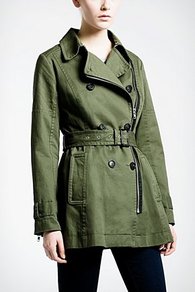Zippered Trench Coat - pattern: plain; length: below the bottom; style: trench coat; collar: standard lapel/rever collar; predominant colour: dark green; occasions: casual, work; fit: tailored/fitted; fibres: cotton - 100%; waist detail: belted waist/tie at waist/drawstring; sleeve length: long sleeve; sleeve style: standard; collar break: medium; pattern type: fabric; pattern size: standard; texture group: woven light midweight